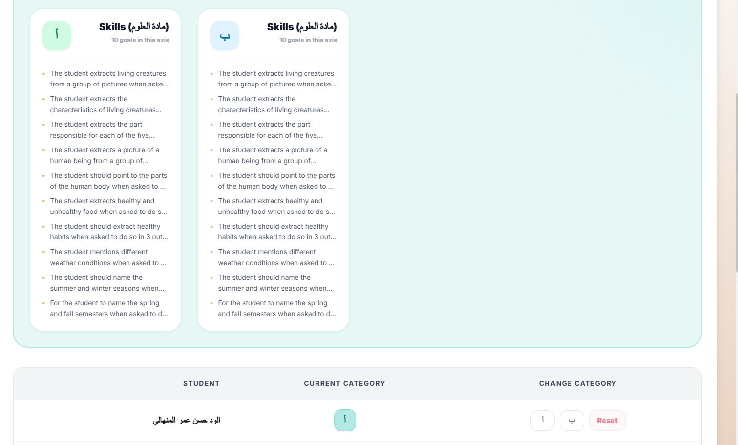Athar interface showing student assignment to subjects and its goals based on categories with performance tracking
