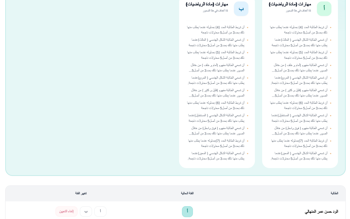 تعيين الطالبة لمادة دراسية حسب الفئة في نظام أثر لمتابعة وقياس تحقق نواتج التعلم – عرض لمحور المهارات في مادة دراسية مع فئتين (أ و ب)، كل فئة تحتوي على مجموعة من الأهداف التعليمية، بالإضافة إلى قسم يوضح الطالبة والفئة الحالية (أ) وخيارات تغيير الفئة أو إلغاء التعيين